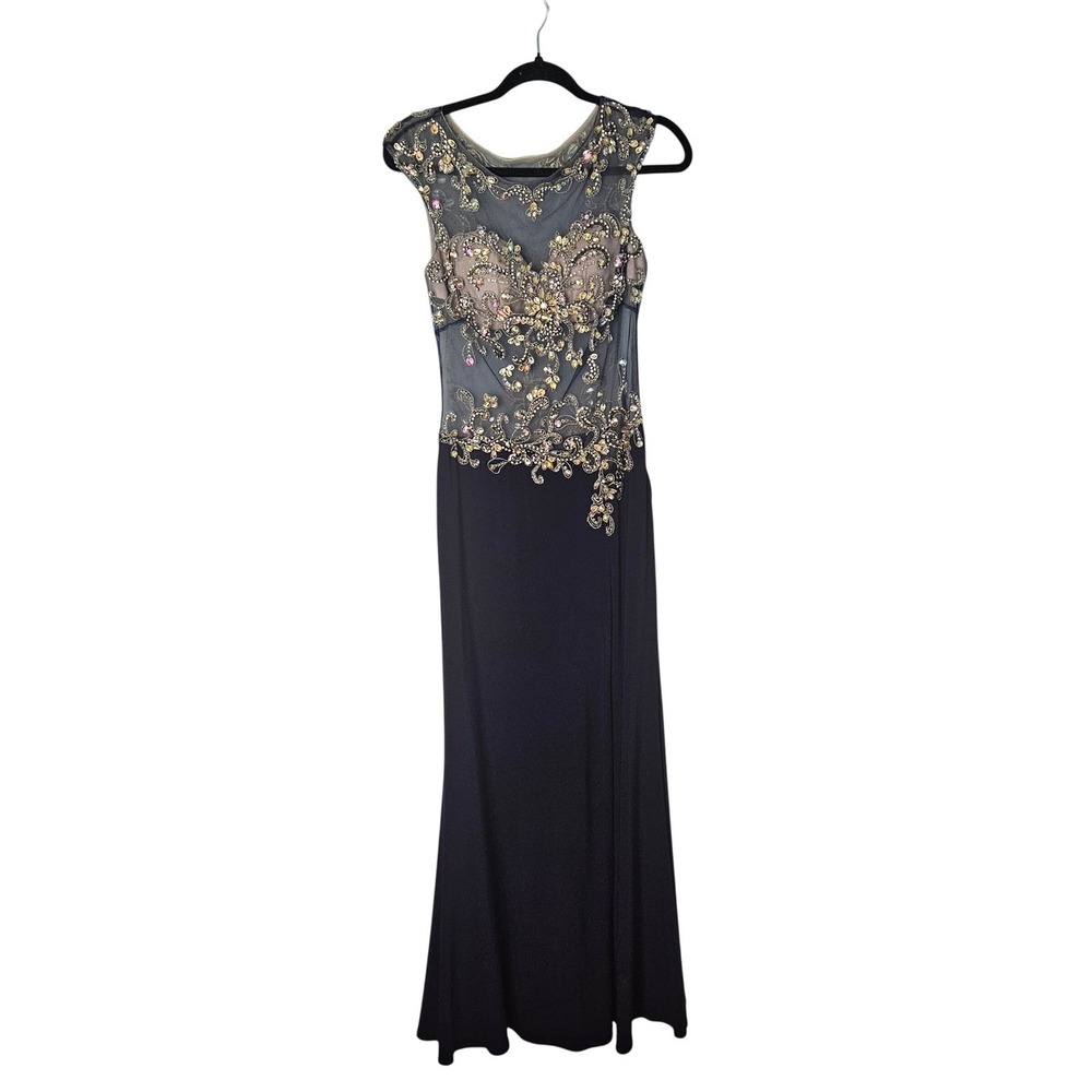 ALYCE Paris Beaded Illusion Bodice Blue Floor Length Gown Dress Size 2